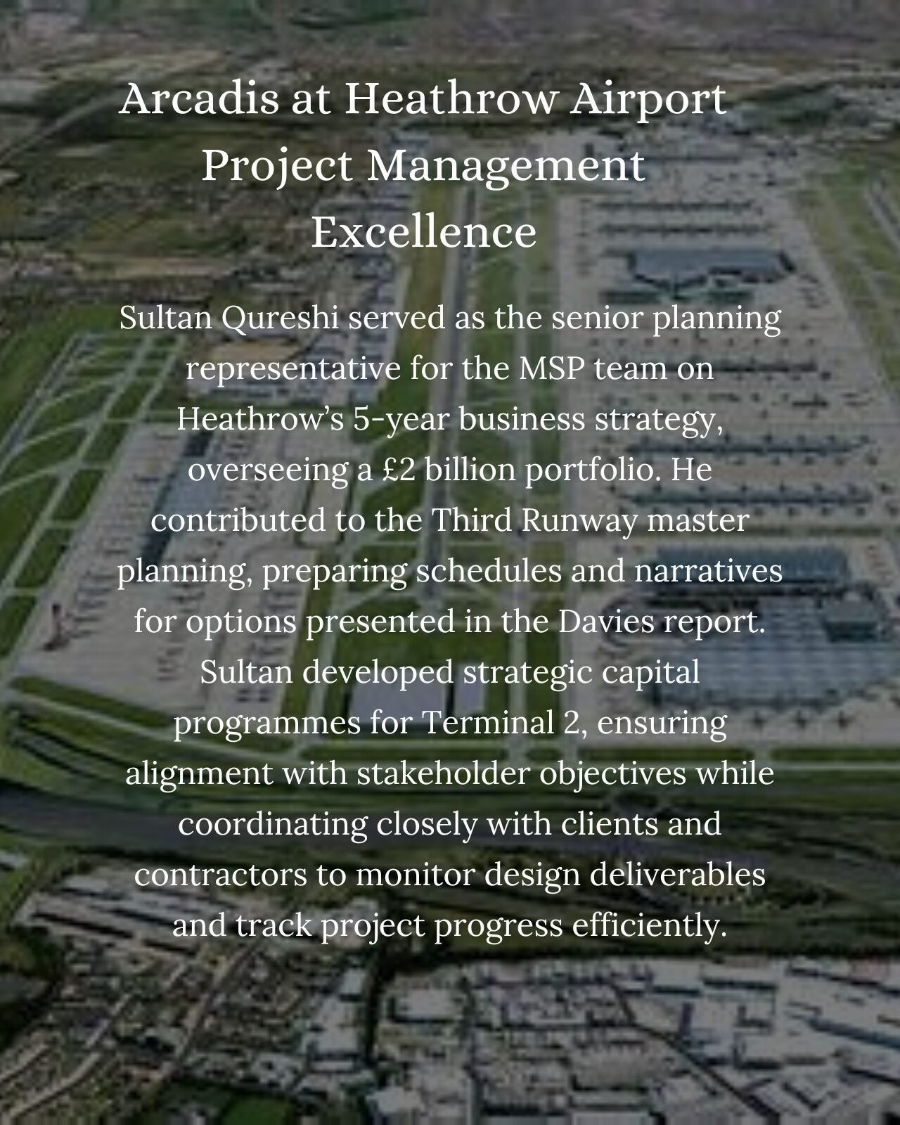 Aerial view of a large construction site with multiple buildings, roads, and surrounding green fields. Overlaid on the image is a professional summary for Sultan Qureshi, a Project Management & Controls Professional, highlighting expertise in infrastructure projects, scheduling, risk assessment, and construction methodologies.
